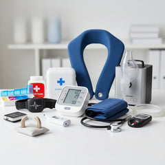 Collection of medical and health care products on a white surface with a blurred background.