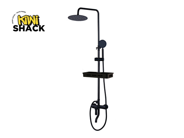 Black shower system with handheld shower head and hose on a white background, featuring the Kiwi Shack logo.