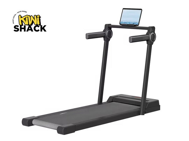 Treadmill with a tablet on top, branded as Kiwi Shack, on a white background