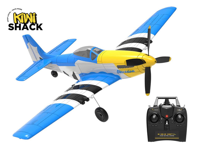 Blue and yellow toy airplane with a remote control on a white background, featuring the Kiwi Shack brand.