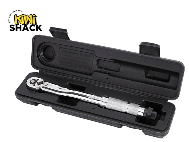 Torque wrench in a black case with Kiwi Shack logo on a white background