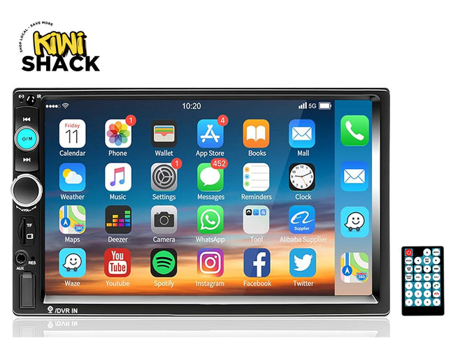 Car multimedia system with touchscreen display and remote control, branded 'Kiwi Shack'.