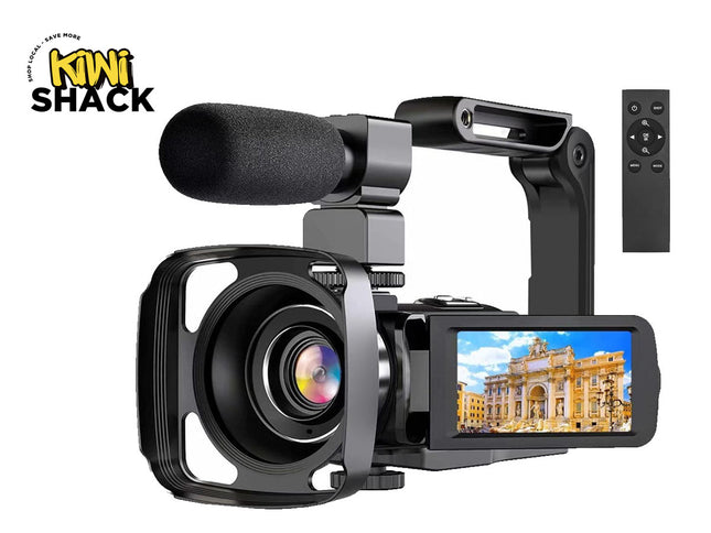 Professional video camera with microphone and remote control, featuring Kiwi Shack logo.