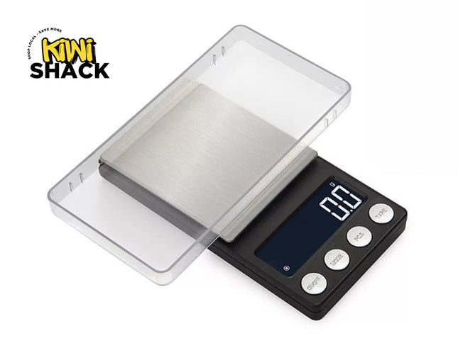 Digital pocket scale with transparent lid on a white background, featuring the Kiwi Shack logo.