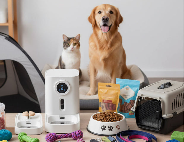 Pet supplies including a dog and cat, pet food, toys, and a pet carrier on a table.
