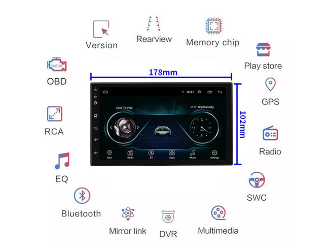 Car multimedia system display with features and dimensions on a white background
