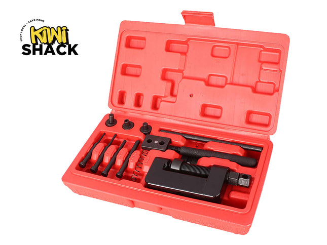 Red tool kit with black tools inside on a white background, featuring the Kiwi Shack logo.