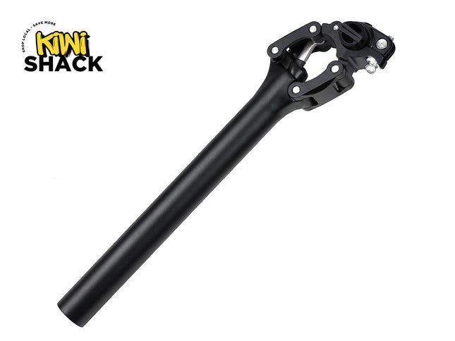 Black bicycle seat post with Kiwi Shack logo on a white background