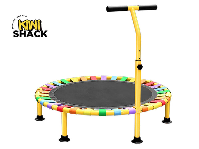 Colorful trampoline with handlebar on a white background, branded as Kiwi Shack.