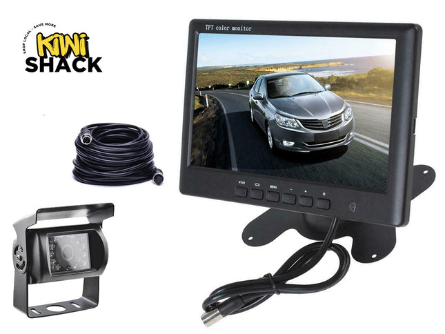 Car backup camera system with monitor and cable, featuring Kiwi Shack brand.