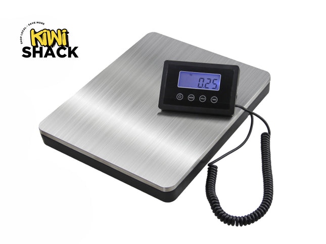 Digital scale with a digital display on a white background, branded 'Kiwi Shack'.