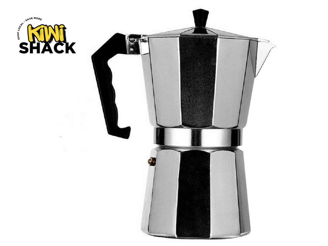 Stainless steel espresso pot on a white background with 'Kiwi Shack' logo.