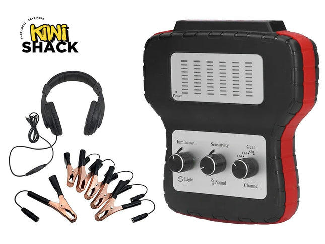 Electrode holder with headphones and clips on a white background, branded as Kiwi Shack.