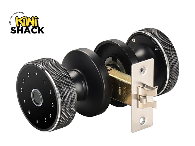 Smart lock mechanism with digital keypad on a white background, featuring Kiwi Shack logo.