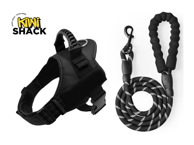 Black dog harness and leash set with Kiwi Shack logo on a white background