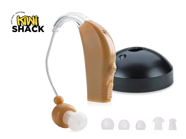 Beige hearing aid with black base and small attachments on a white background, featuring 'Kiwi Shack' logo.