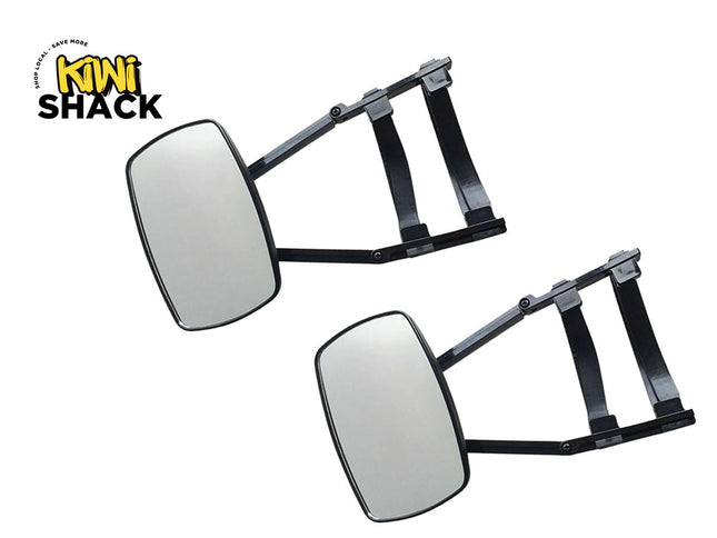 Two car side mirrors with black brackets on a white background, branded 'Kiwi Shack'.