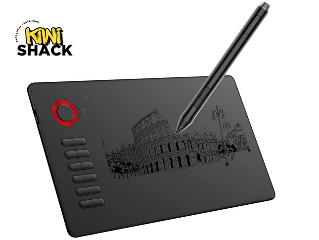 Graphic tablet with stylus and Kiwi Shack logo on a white background