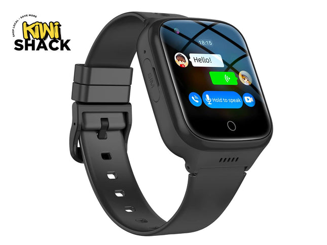 Black smartwatch with a display showing app icons on a white background, branded 'Kiwi Shack'.