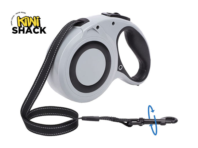Retractable dog leash with Kiwi Shack logo on a white background