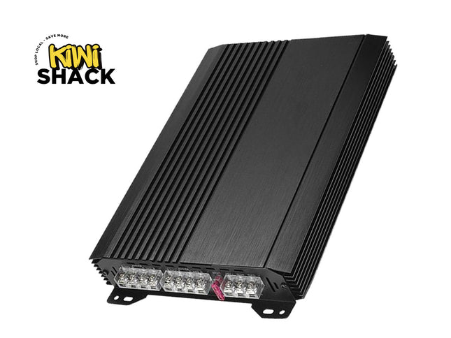 Black electronic device with LED lights on a white background, featuring the Kiwi Shack logo.