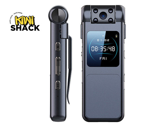 Black digital voice recorder with display on a white background, branded 'Kiwi Shack'.
