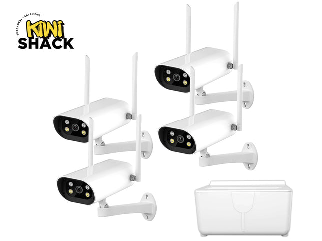 Set of security cameras with antennas on a white background, featuring the Kiwi Shack brand.