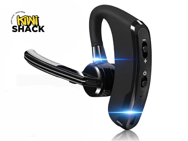 Black Bluetooth headset with visible brand logo on a white background