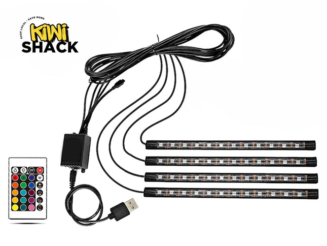 LED strip lights with remote control and power adapter on a white background, branded as Kiwi Shack.