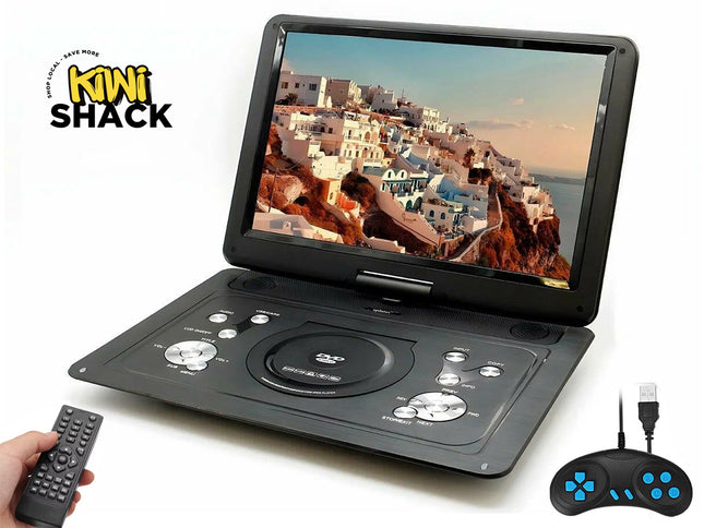 Portable DVD player with screen displaying a scenic view, remote control, and gaming controller on a white background. Kiwi Shack logo visible.