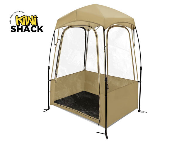 Beige outdoor canopy tent with clear sides on a white background, featuring the Kiwi Shack brand.