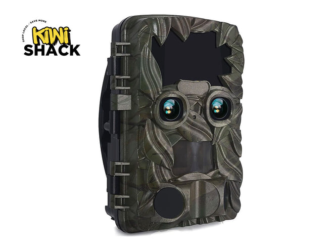 Camouflage-patterned device with KIWI SHACK branding on a white background