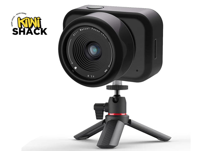 Black camera on a tripod with 'Kiwi Shack' logo in the corner