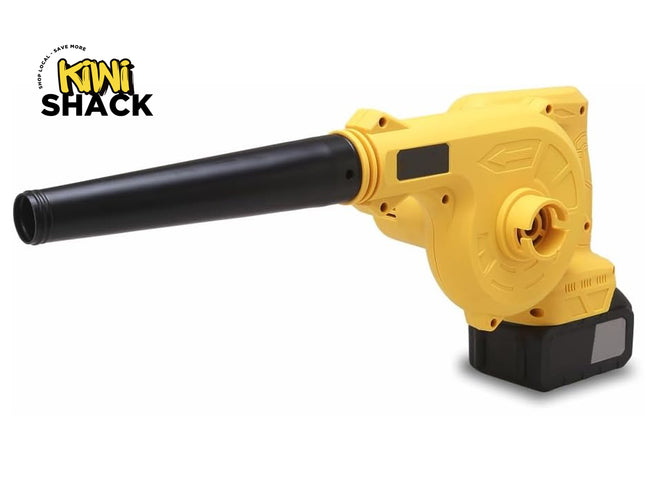 Yellow leaf blower with black nozzle on a white background, featuring the Kiwi Shack brand.
