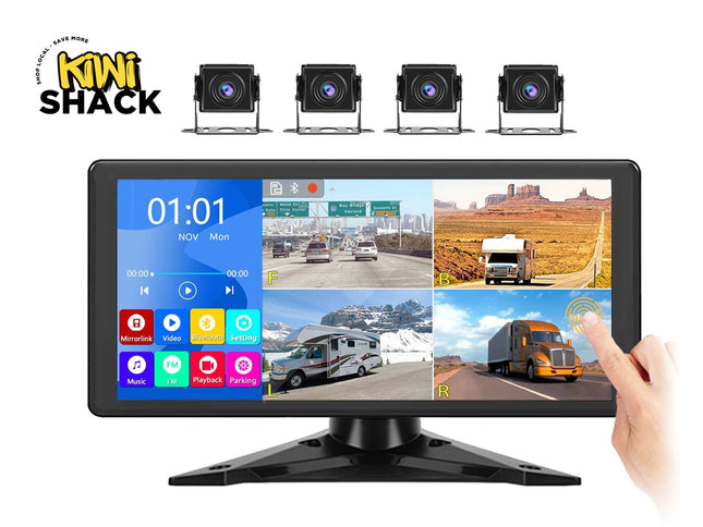 Monitor displaying multiple camera views with 'Kiwi Shack' branding above.