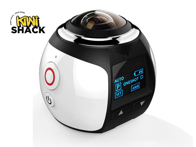 360-degree camera with digital display on a white background, branded 'Kiwi Shack'.