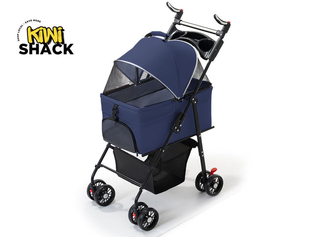 Blue pet stroller with black frame on a white background, featuring the Kiwi Shack logo.
