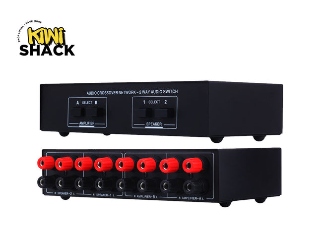 Audio crossover network and switch with red connectors on a white background, featuring the Kiwi Shack logo.