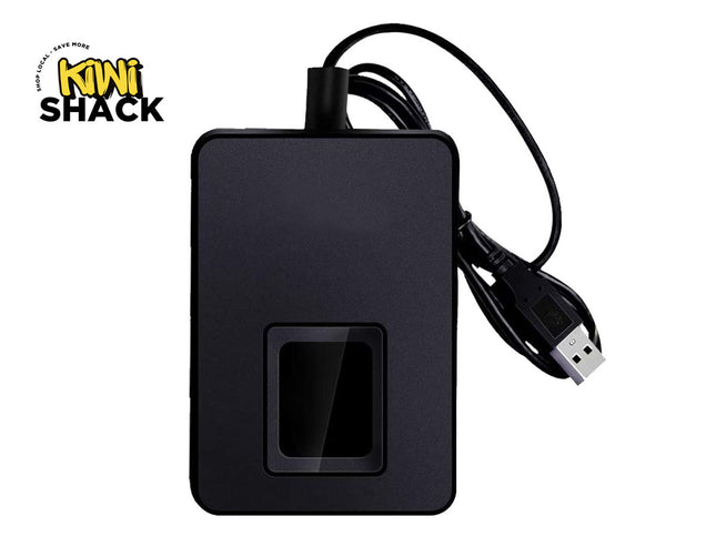 Black USB device with cable on a white background, branded 'Kiwi Shack'.