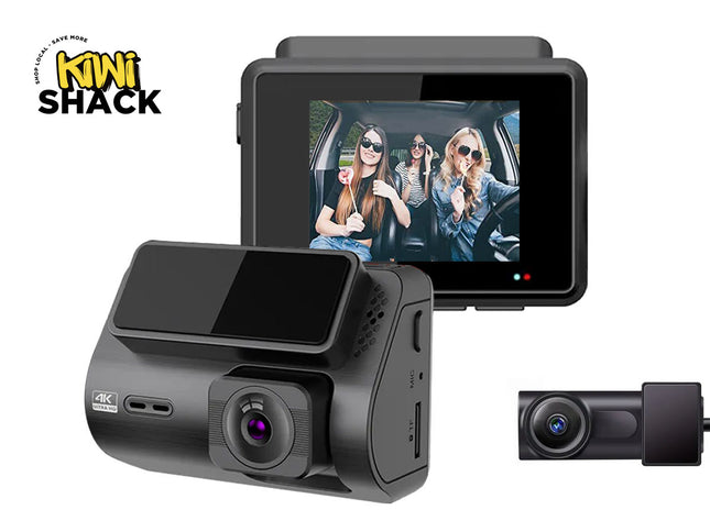 Car dashboard camera system with two cameras and a screen displaying people inside a car, branded 'Kiwi Shack'.
