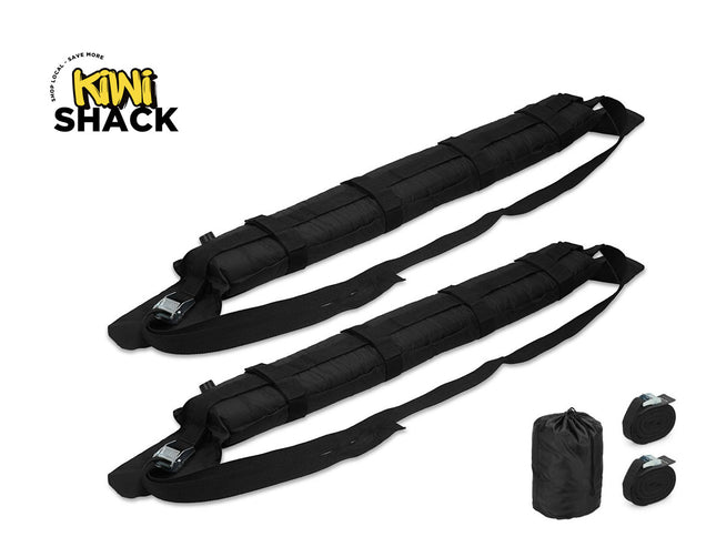 Black straps with buckles and a drawstring bag on a white background, featuring the Kiwi Shack logo.