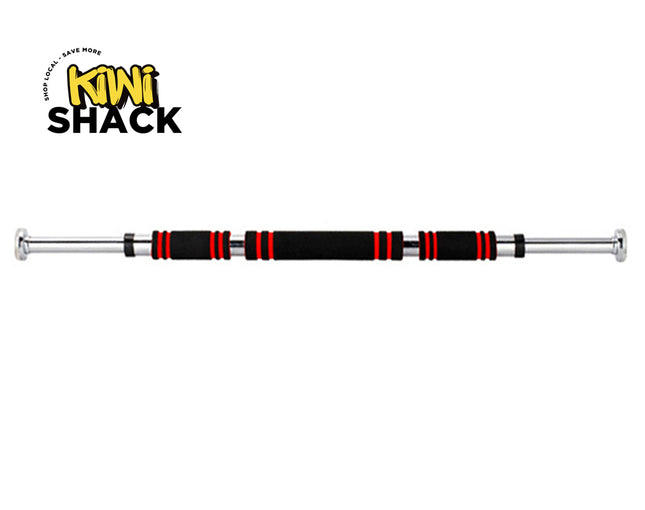 Barbell with black and red design on a white background, featuring the Kiwi Shack logo.