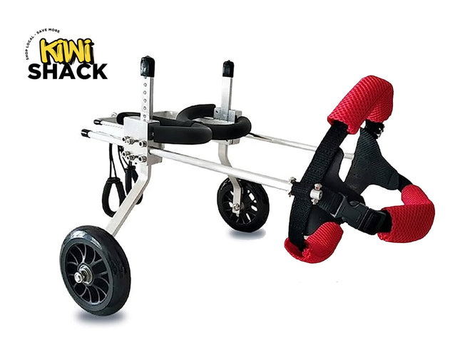 Dog cart with red straps and black wheels on a white background, featuring the Kiwi Shack logo.