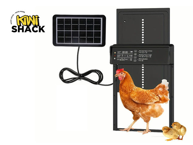 Kiwi Shack solar chicken feeder with a chicken and chicks on a white background