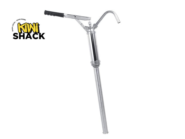 Metallic hand pump with black handle on a white background, featuring the Kiwi Shack logo.