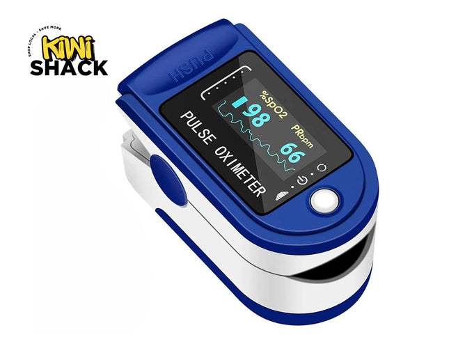 Finger pulse oximeter with blue and white design on a white background, branded 'Kiwi Shack'.