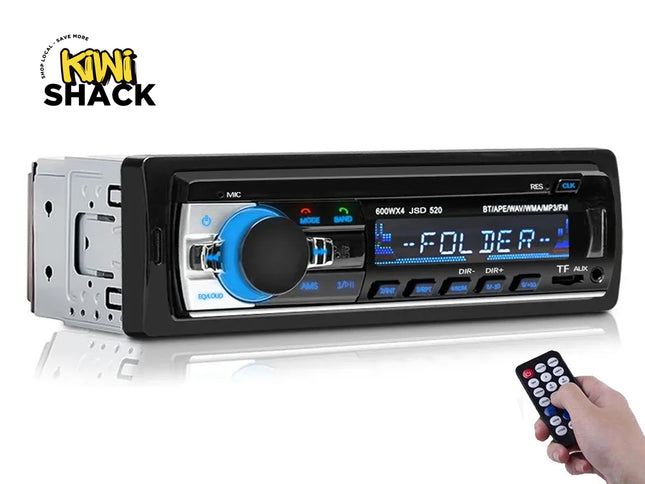 Car stereo system with remote control on a white background, featuring the Kiwi Shack brand.