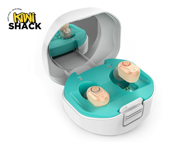 Teal and white hearing aid devices with a Kiwi Shack logo.