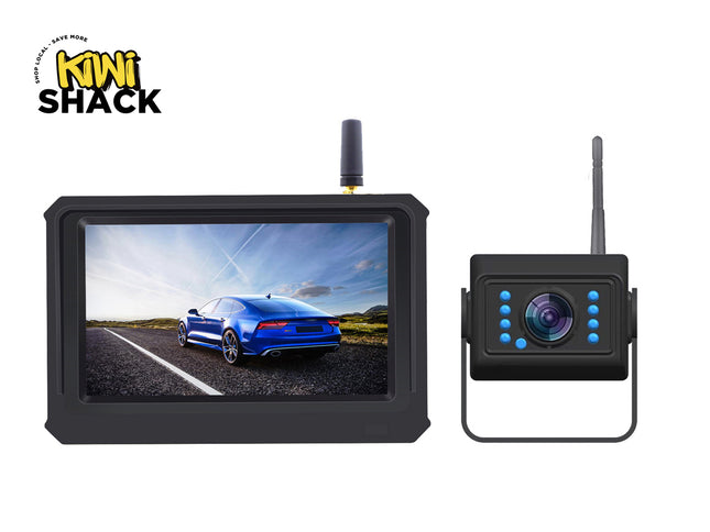 Car monitor and camera system with Kiwi Shack logo on a white background