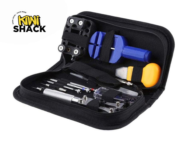 Black tool case with various tools inside, branded 'Kiwi Shack'.